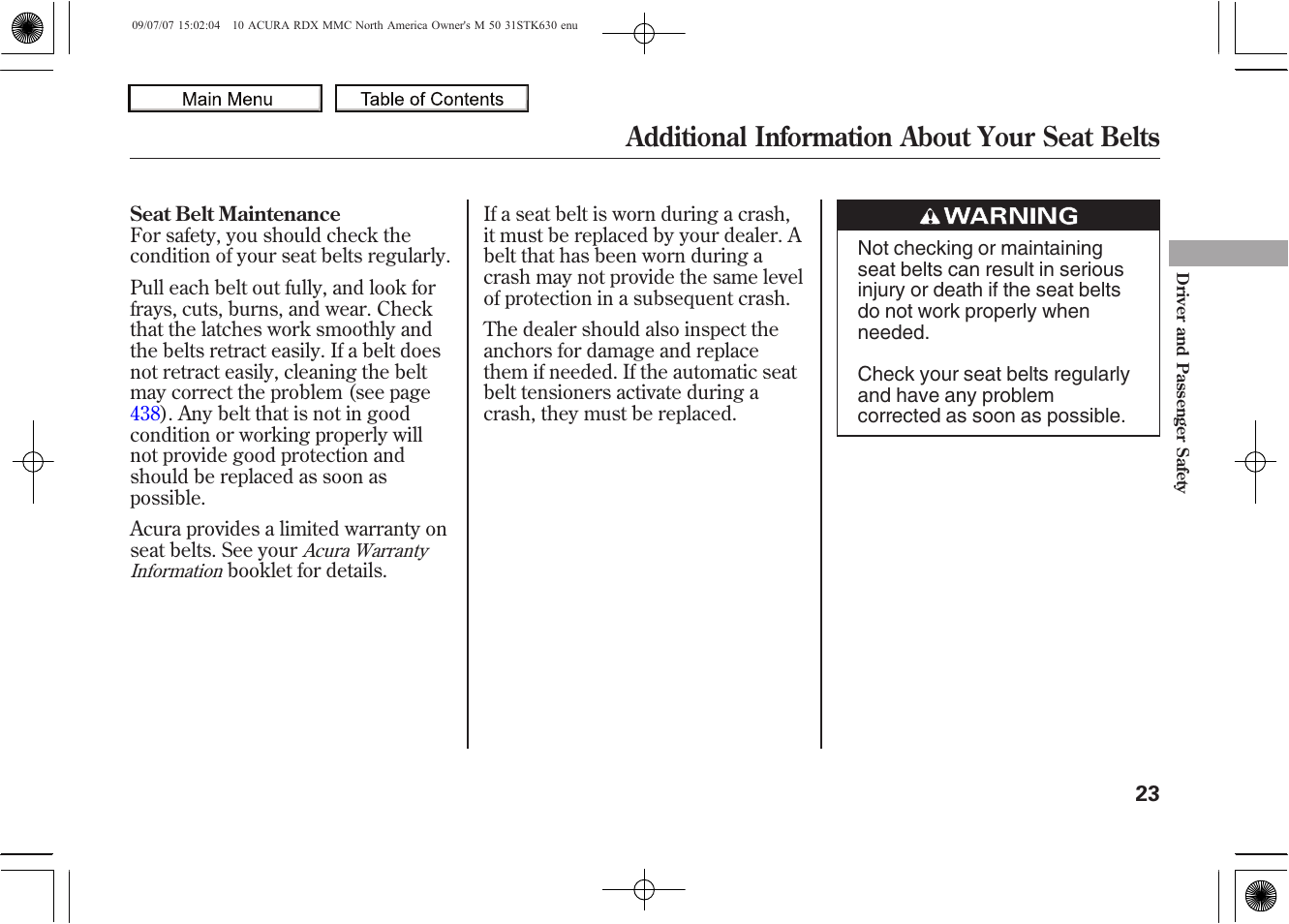 Additional information about your seat belts, 2010 rdx | Acura 2010 RDX User Manual | Page 27 / 514