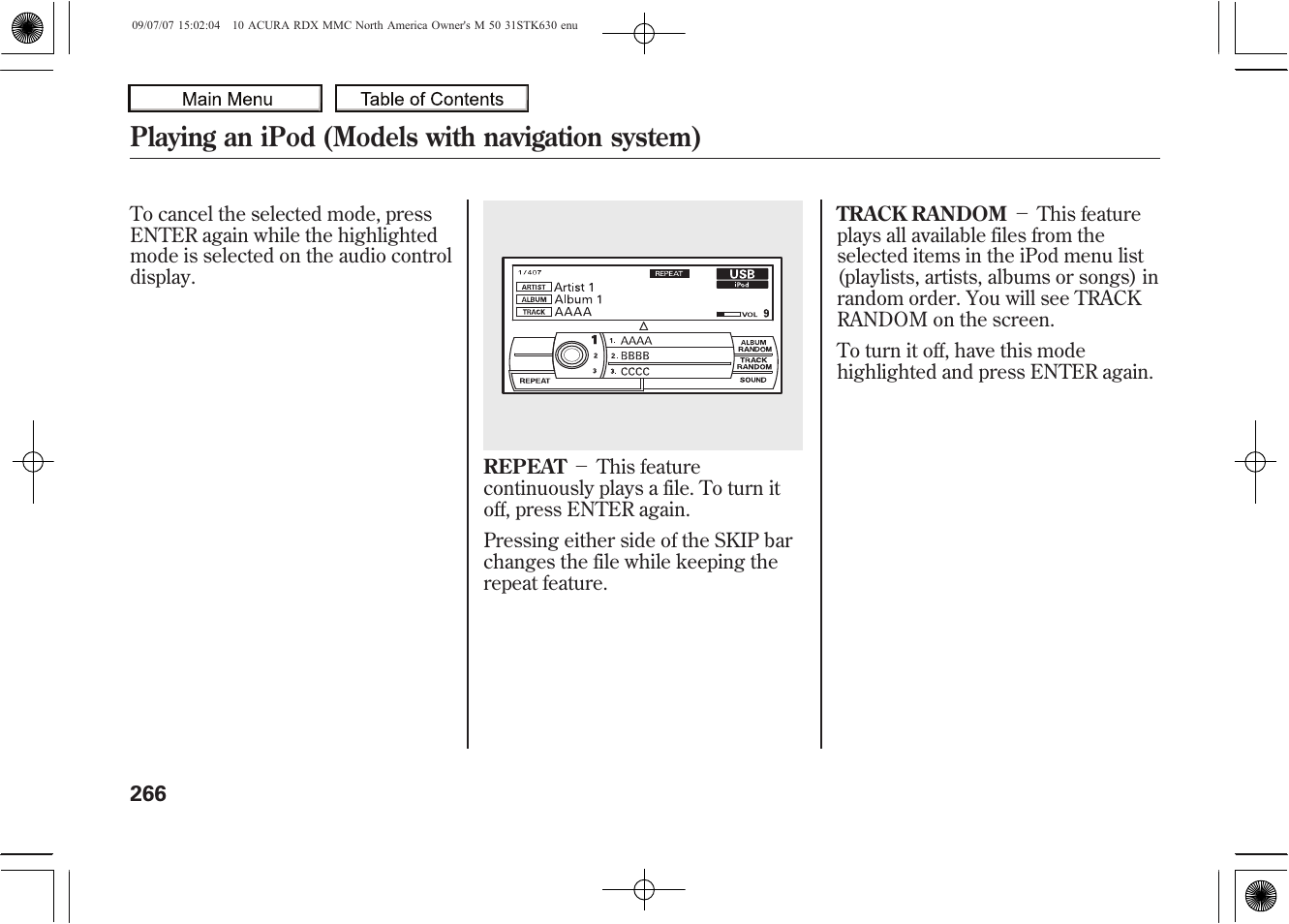 Playing an ipod (models with navigation system), 2010 rdx | Acura 2010 RDX User Manual | Page 270 / 514