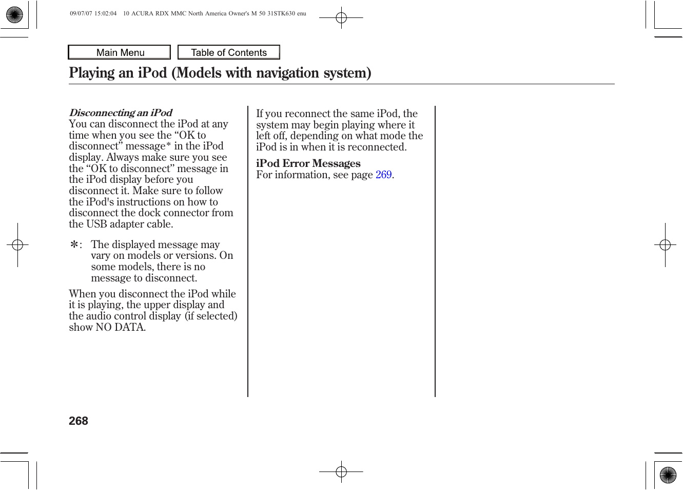 Playing an ipod (models with navigation system), 2010 rdx | Acura 2010 RDX User Manual | Page 272 / 514