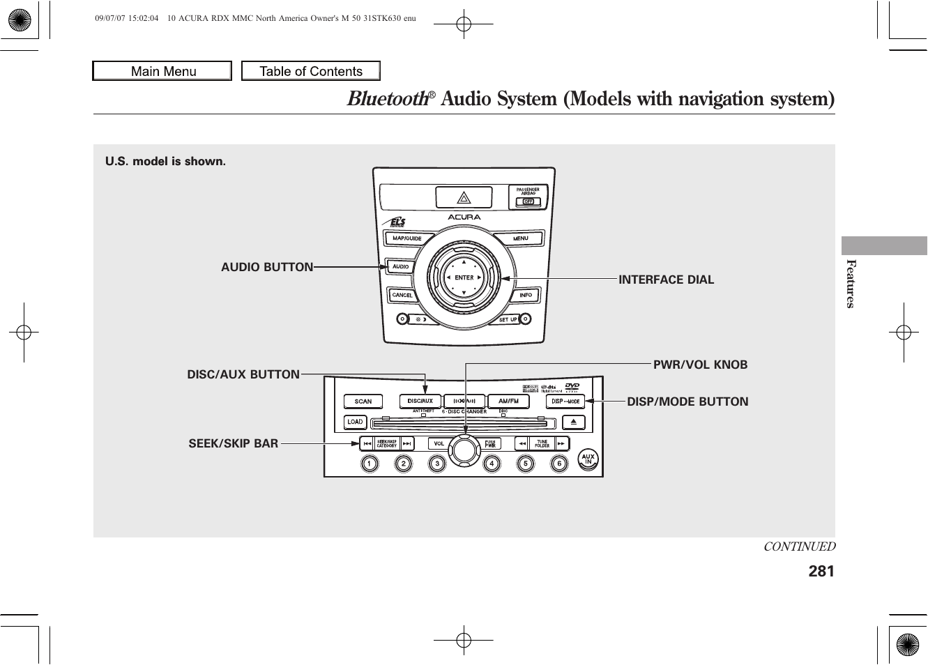 Bluetooth, Audio system (models with navigation system), 2010 rdx | Acura 2010 RDX User Manual | Page 285 / 514