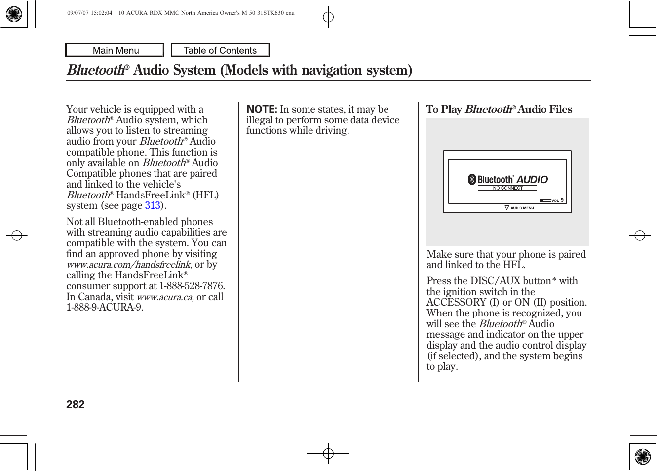 Bluetooth, Audio system (models with navigation system), 2010 rdx | Acura 2010 RDX User Manual | Page 286 / 514