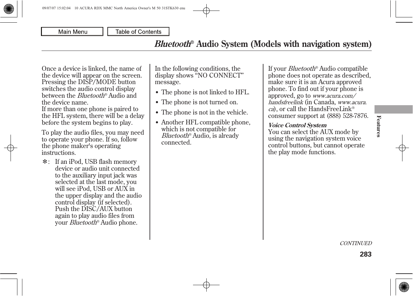 Bluetooth, Audio system (models with navigation system), 2010 rdx | Acura 2010 RDX User Manual | Page 287 / 514