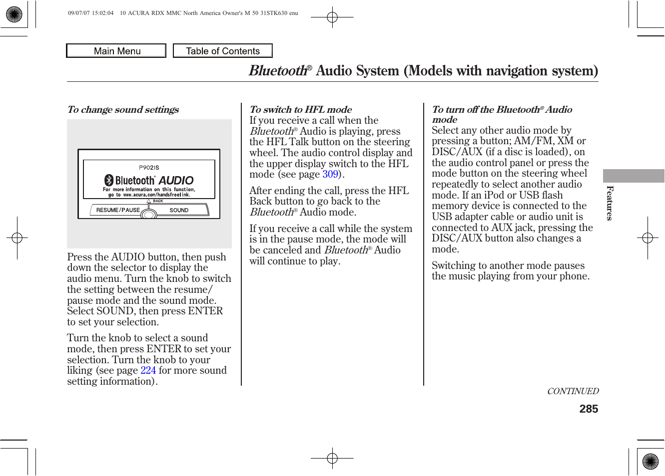 Bluetooth, Audio system (models with navigation system), 2010 rdx | Acura 2010 RDX User Manual | Page 289 / 514