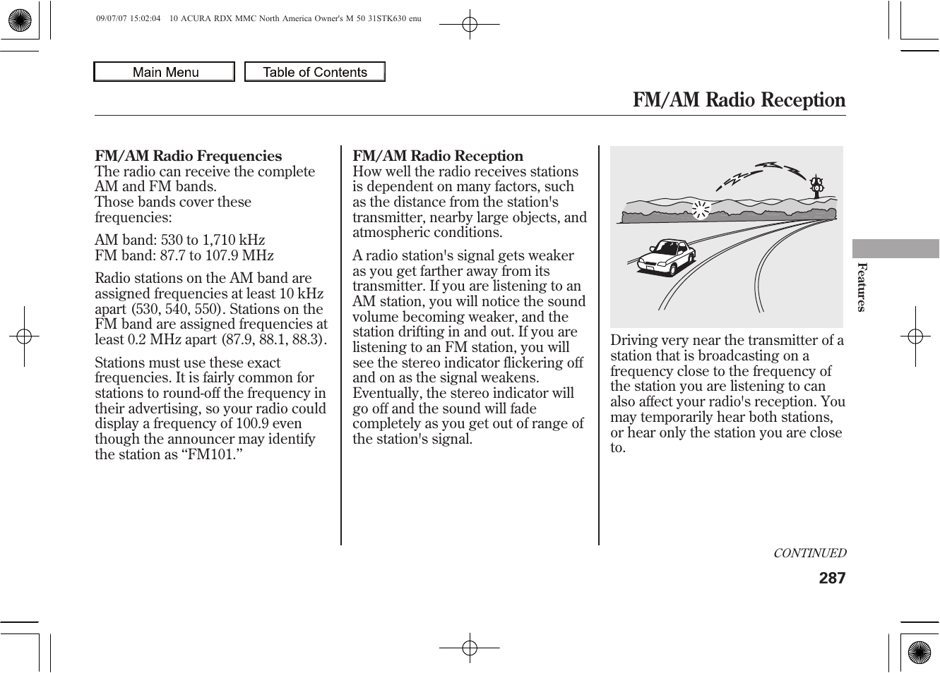 Fm/am radio reception, 2010 rdx | Acura 2010 RDX User Manual | Page 291 / 514