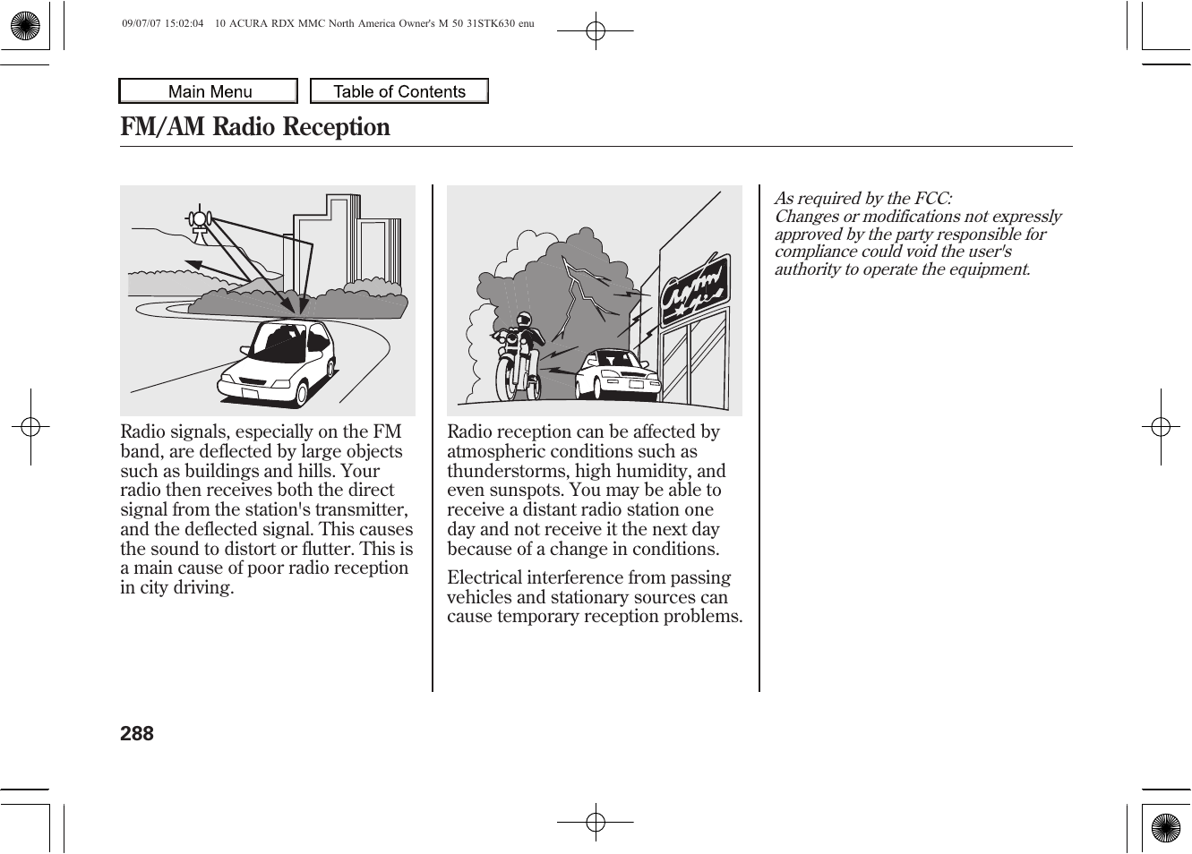 Fm/am radio reception | Acura 2010 RDX User Manual | Page 292 / 514