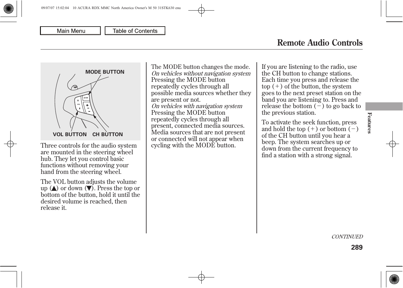 Remote audio controls, 2010 rdx | Acura 2010 RDX User Manual | Page 293 / 514