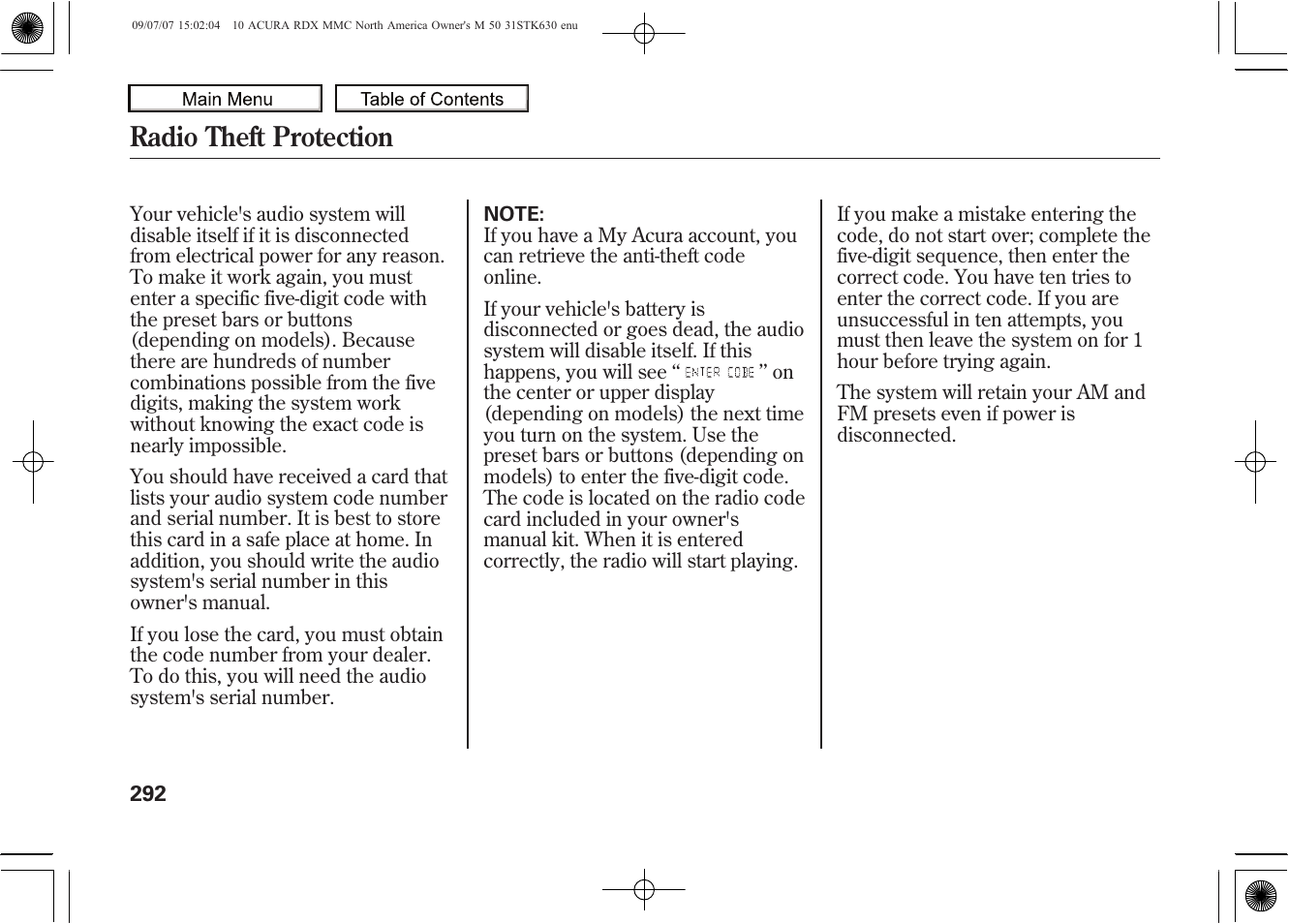 Radio theft protection, 2010 rdx | Acura 2010 RDX User Manual | Page 296 / 514