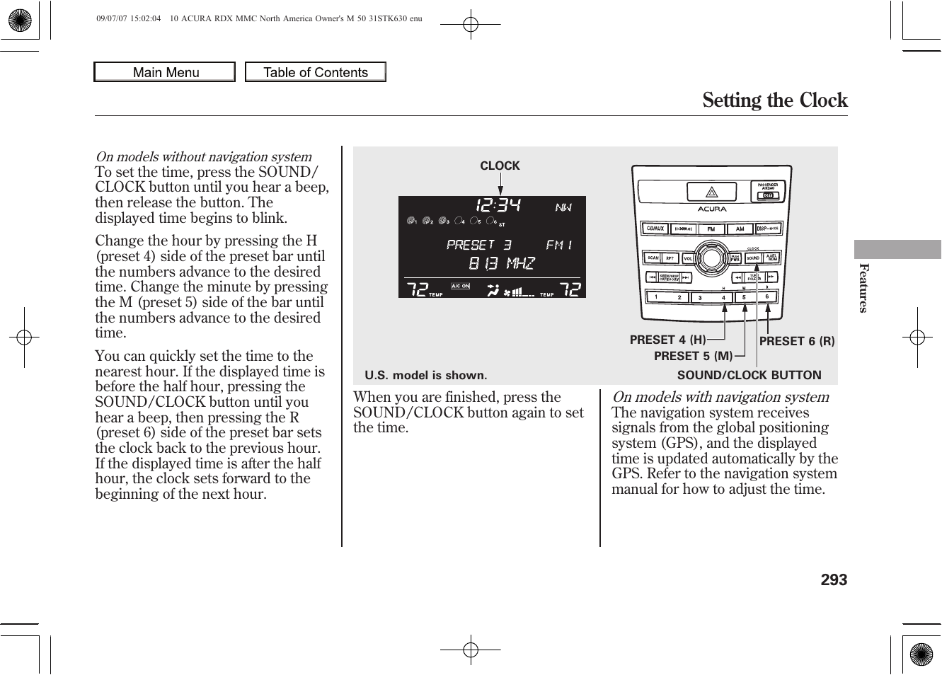 Setting the clock, 2010 rdx | Acura 2010 RDX User Manual | Page 297 / 514