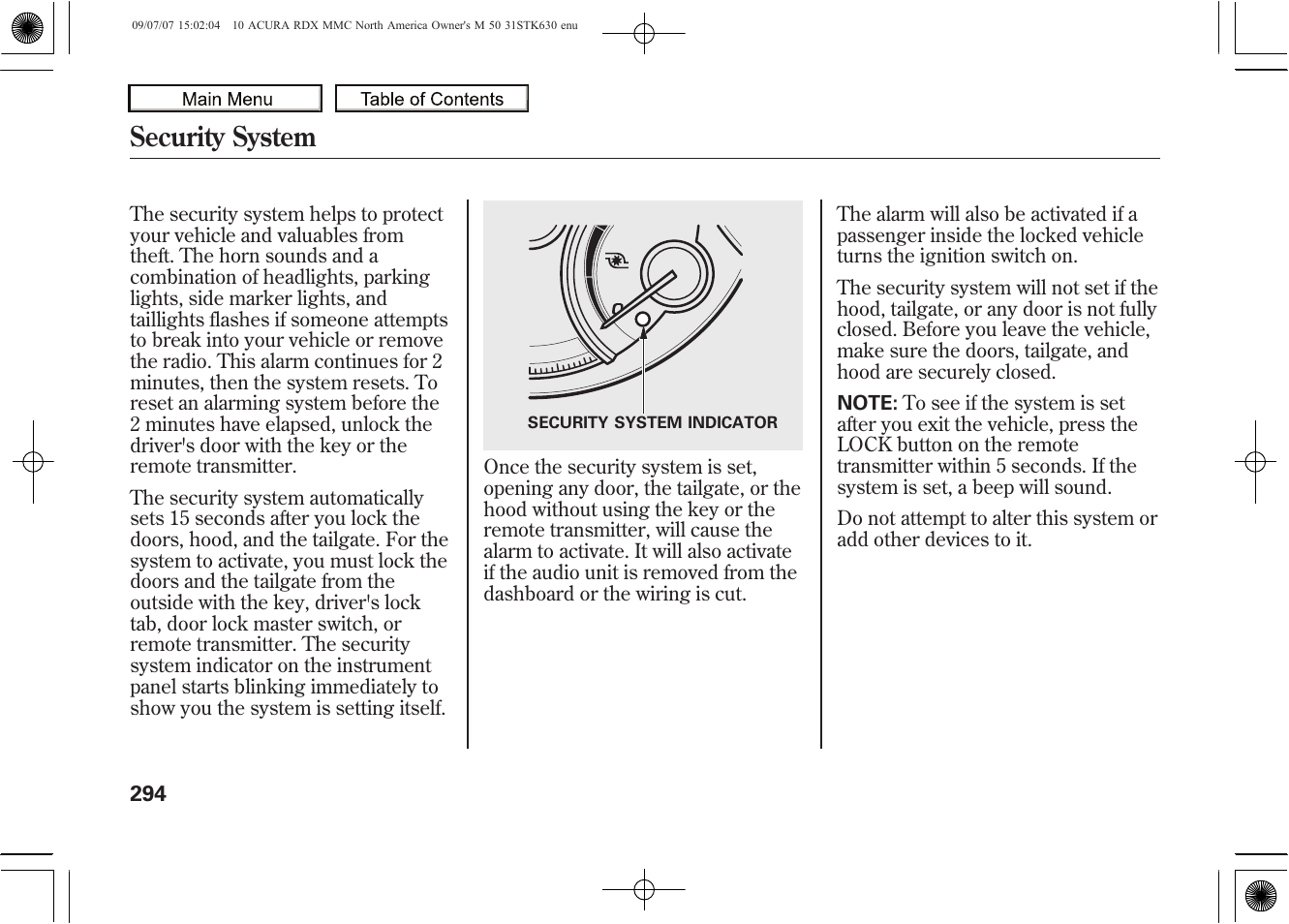 Security system, 2010 rdx | Acura 2010 RDX User Manual | Page 298 / 514