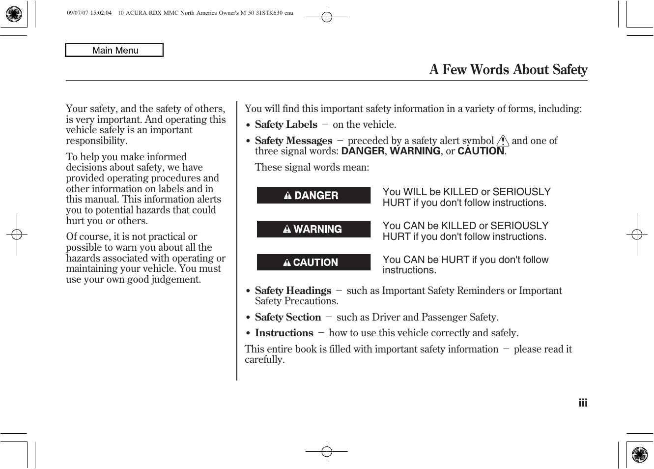 A few words about safety, 2010 rdx | Acura 2010 RDX User Manual | Page 3 / 514