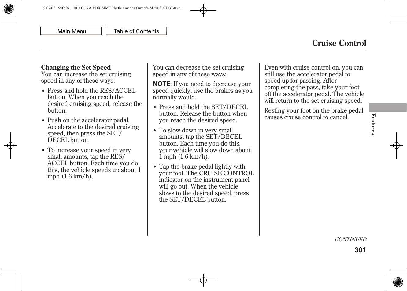 Cruise control, 2010 rdx | Acura 2010 RDX User Manual | Page 305 / 514