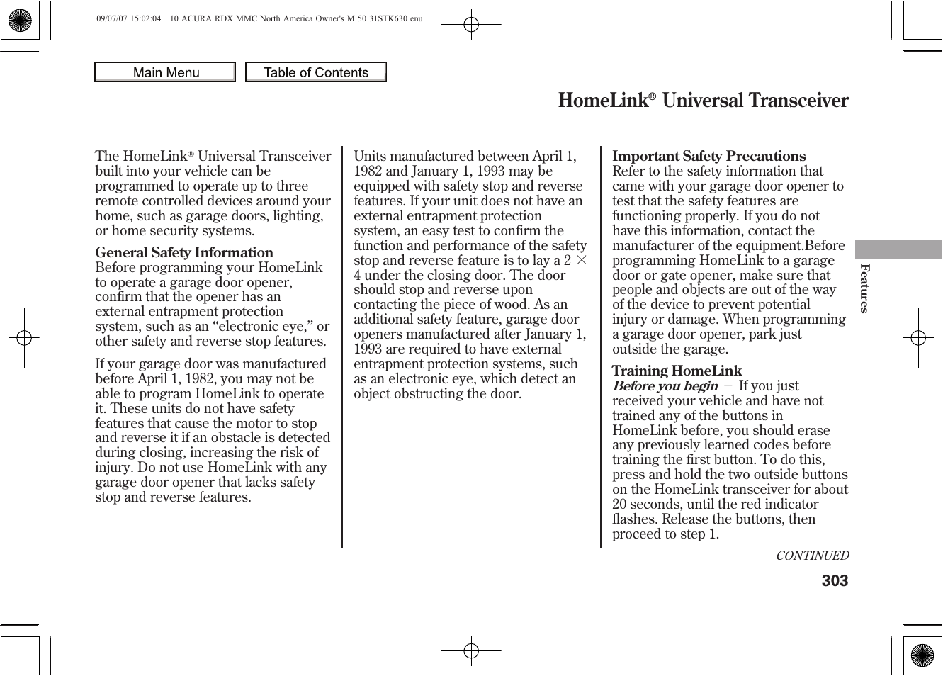 Homelink, Universal transceiver, 2010 rdx | Acura 2010 RDX User Manual | Page 307 / 514
