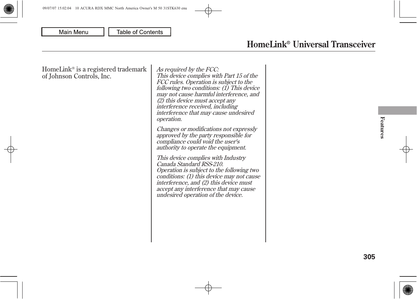 Homelink, Universal transceiver, 2010 rdx | Acura 2010 RDX User Manual | Page 309 / 514