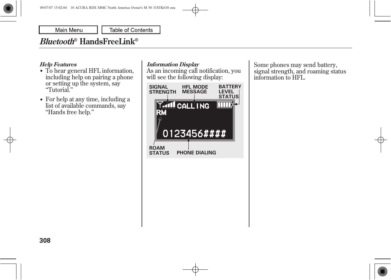 Bluetooth, Handsfreelink, 2010 rdx | Acura 2010 RDX User Manual | Page 312 / 514