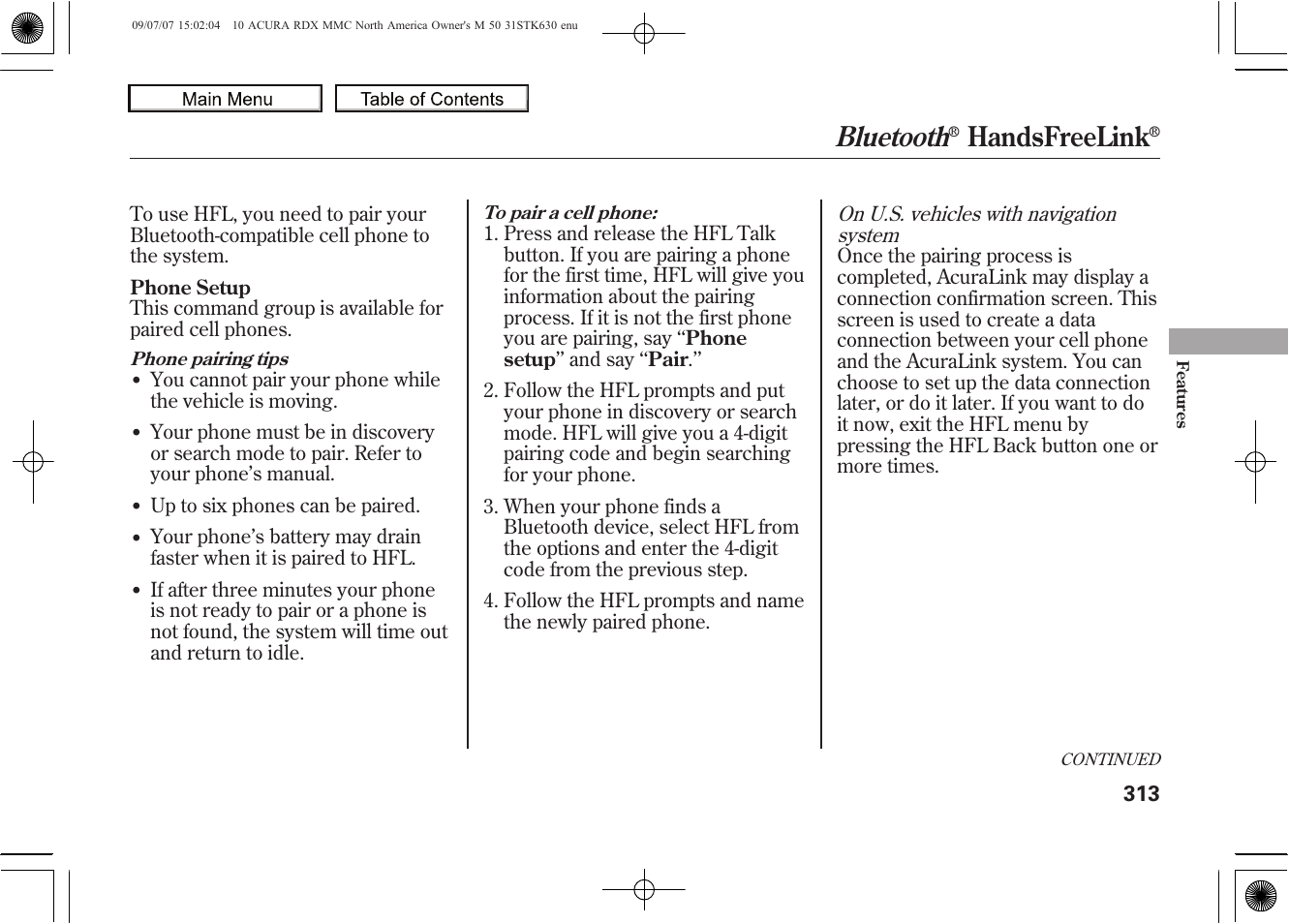 Bluetooth, Handsfreelink, 2010 rdx | Acura 2010 RDX User Manual | Page 317 / 514
