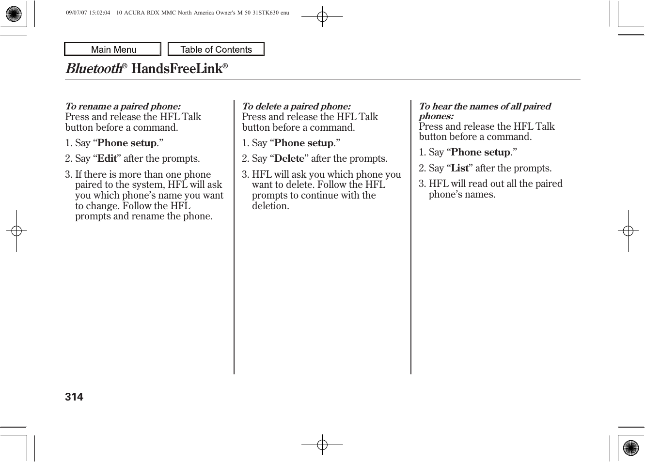 Bluetooth, Handsfreelink, 2010 rdx | Acura 2010 RDX User Manual | Page 318 / 514