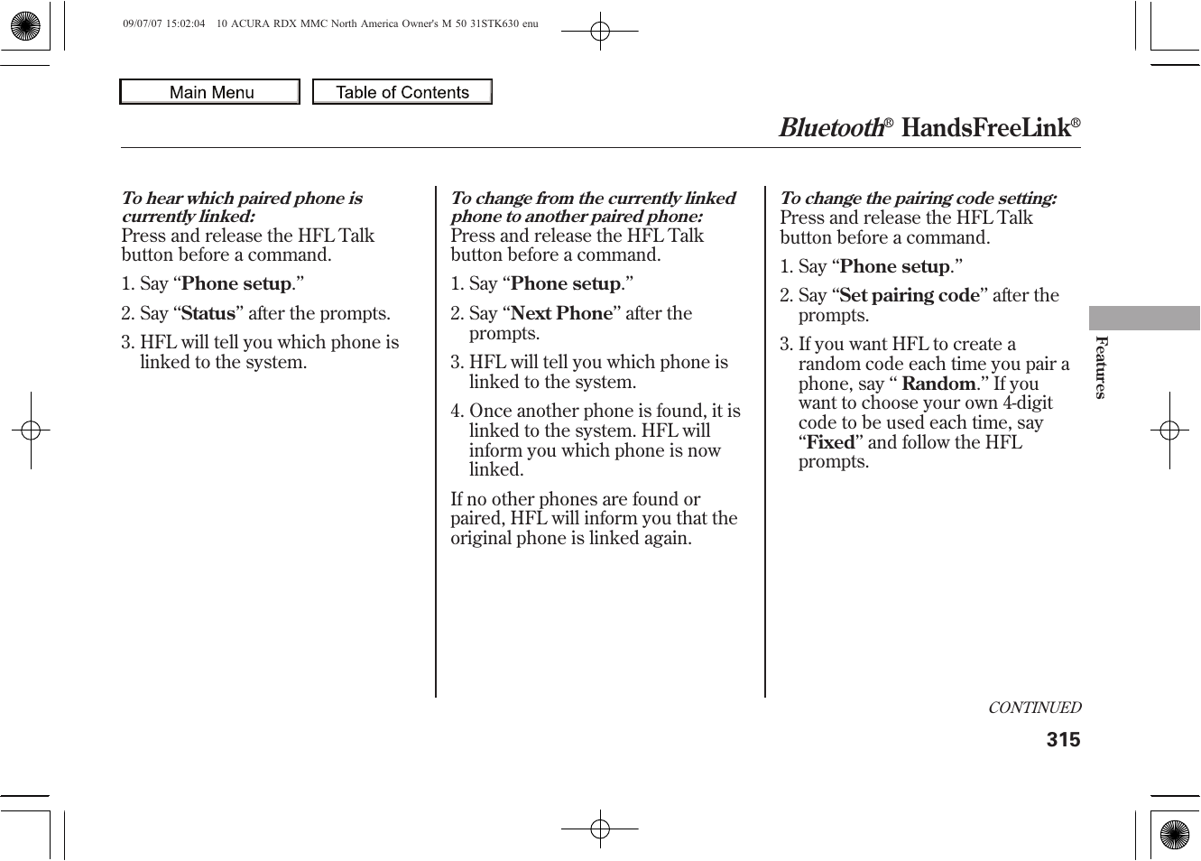 Bluetooth, Handsfreelink, 2010 rdx | Acura 2010 RDX User Manual | Page 319 / 514