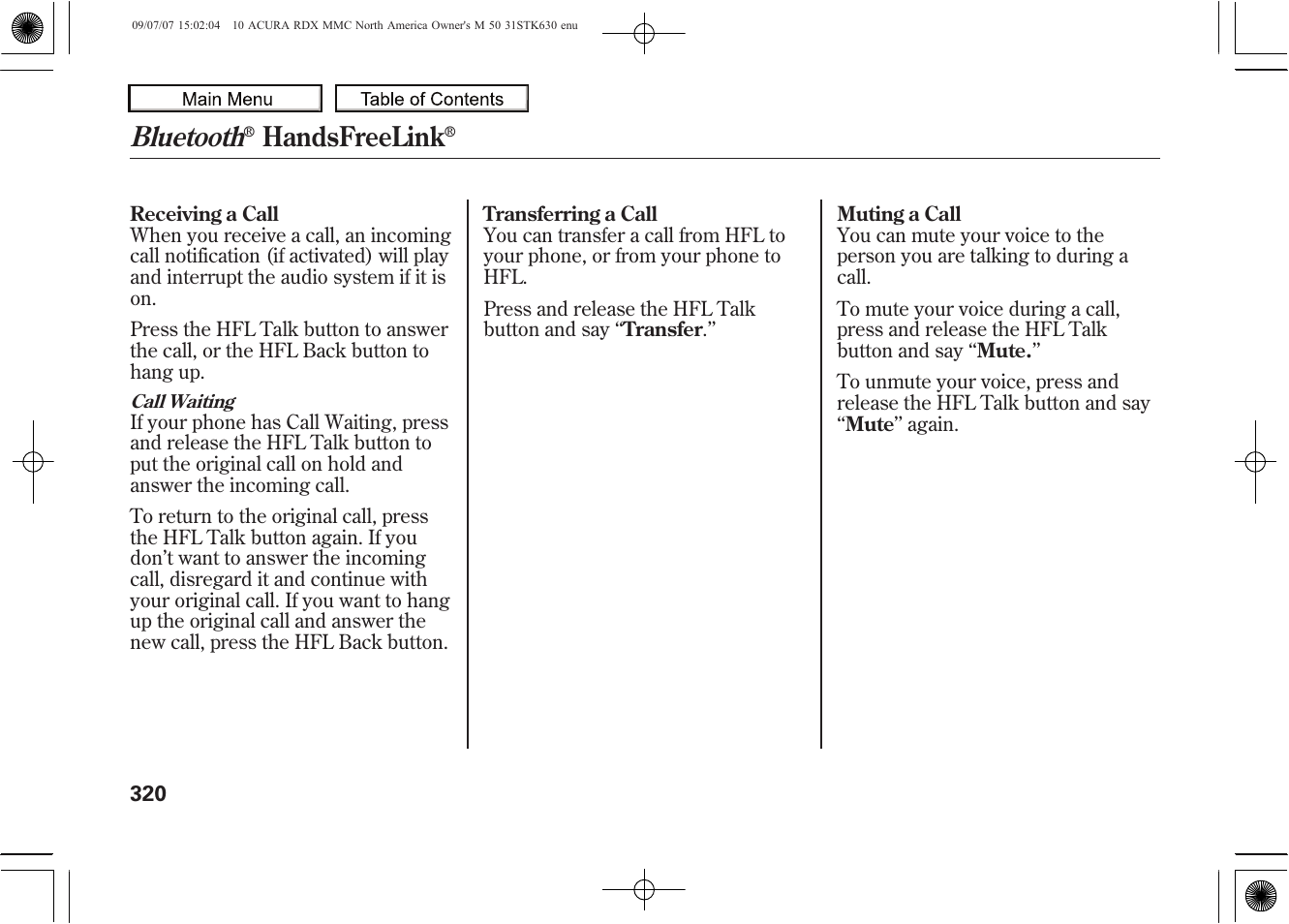 Bluetooth, Handsfreelink, 2010 rdx | Acura 2010 RDX User Manual | Page 324 / 514