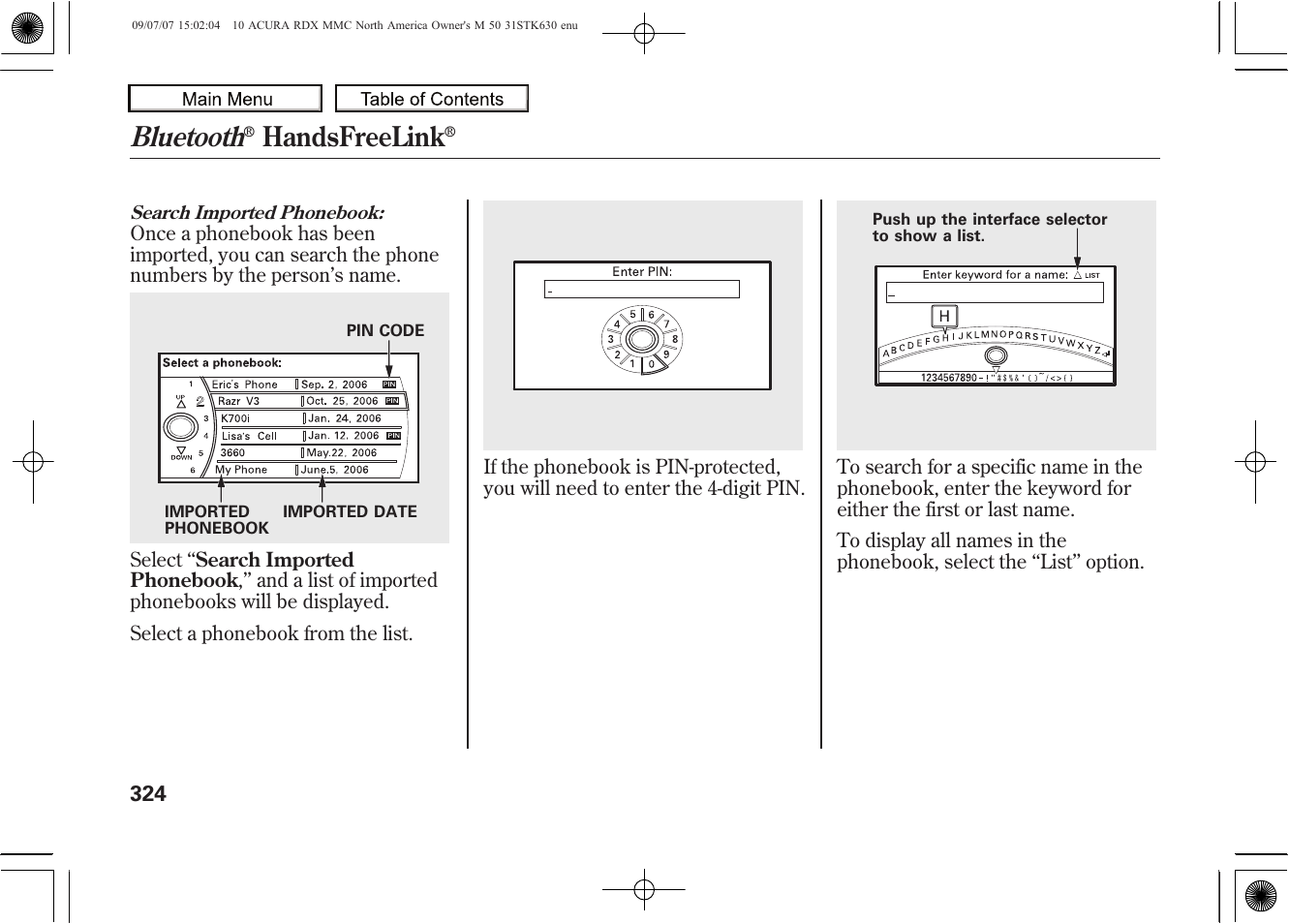 Bluetooth, Handsfreelink, 2010 rdx | Acura 2010 RDX User Manual | Page 328 / 514