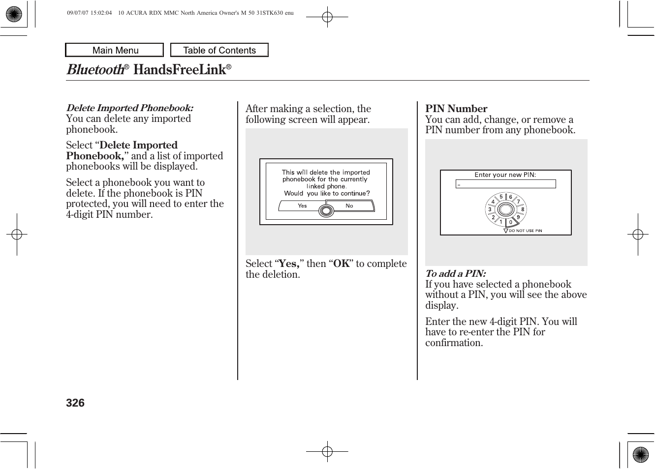 Bluetooth, Handsfreelink, 2010 rdx | Acura 2010 RDX User Manual | Page 330 / 514