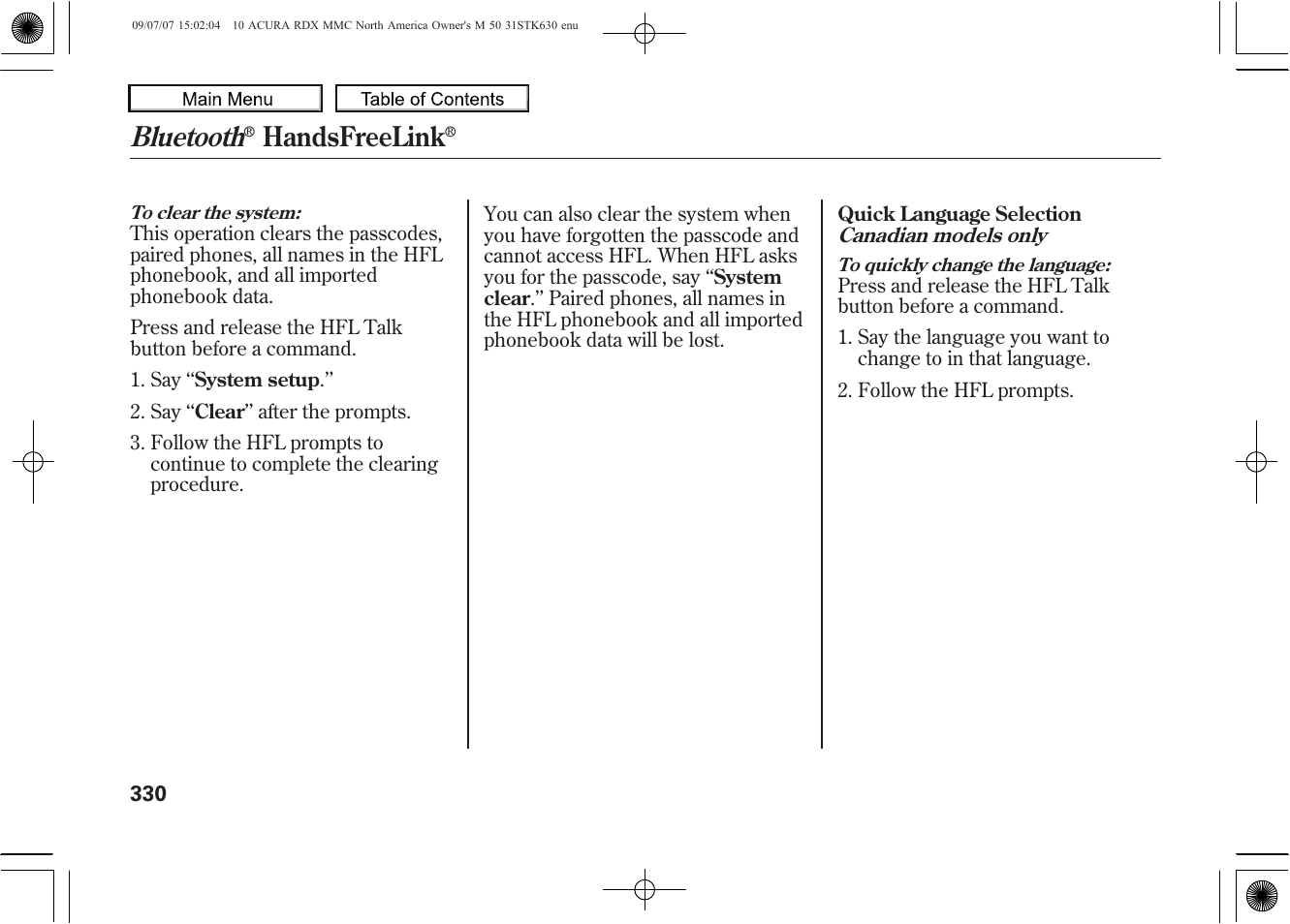 Bluetooth, Handsfreelink, 2010 rdx | Acura 2010 RDX User Manual | Page 334 / 514