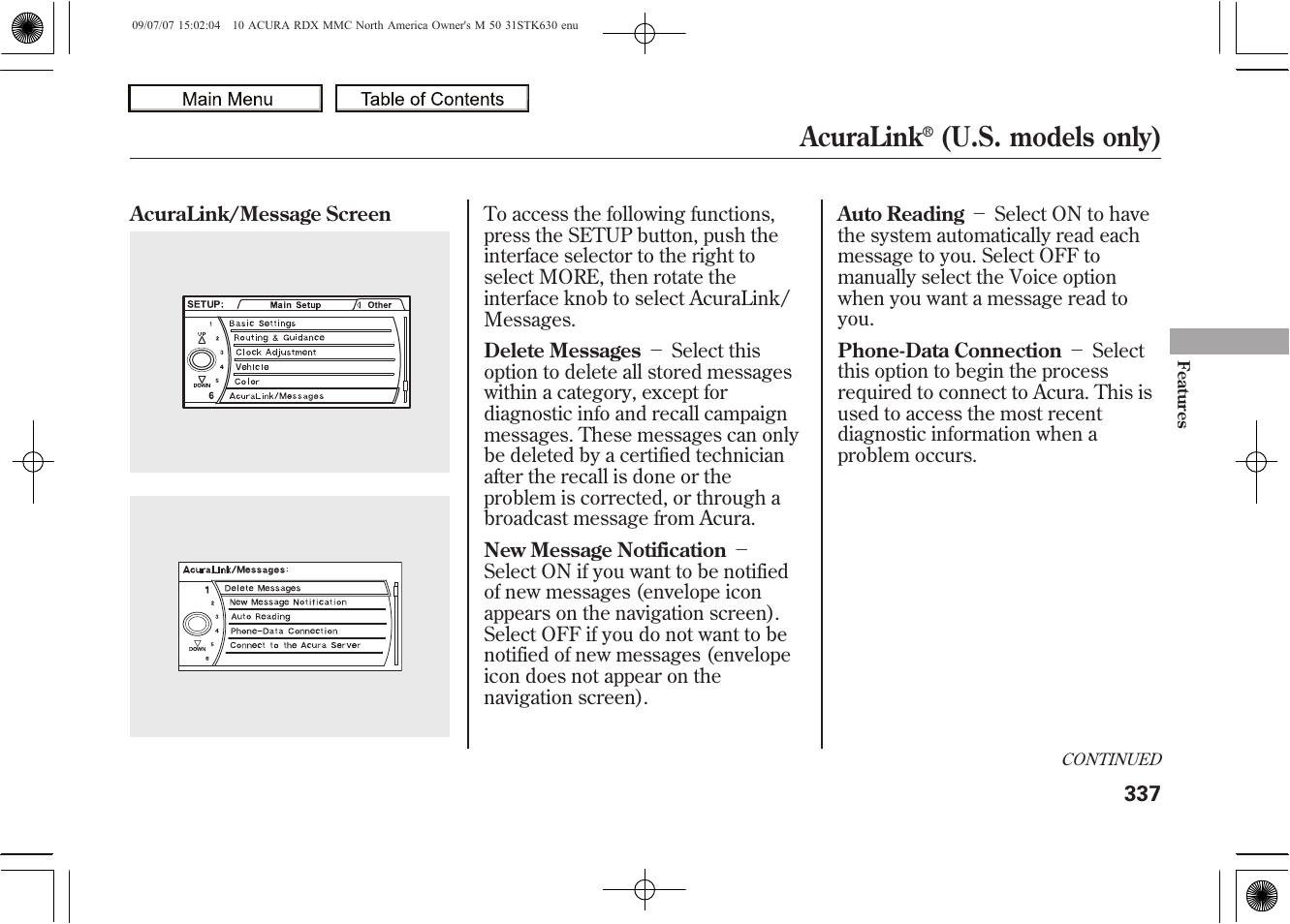 Acuralink, U.s. models only), 2010 rdx | Acura 2010 RDX User Manual | Page 341 / 514