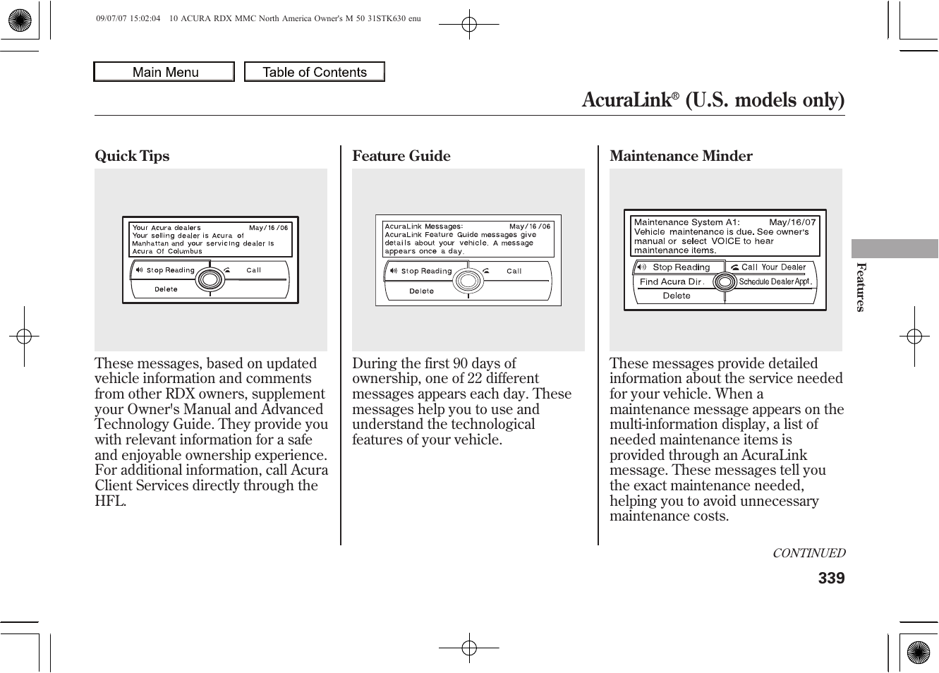 Acuralink, U.s. models only), 2010 rdx | Acura 2010 RDX User Manual | Page 343 / 514