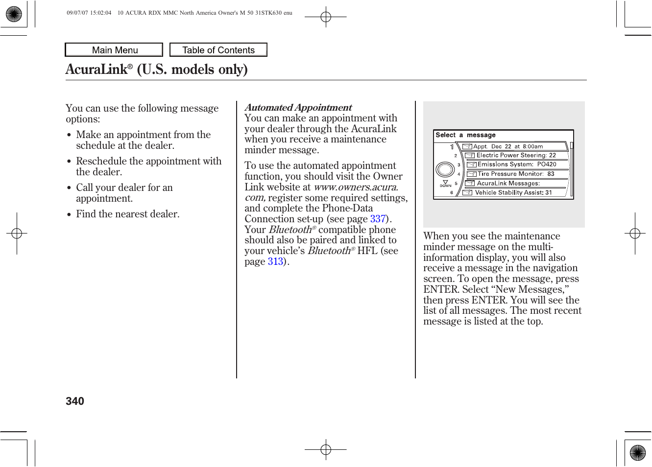 Acuralink, U.s. models only), 2010 rdx | Acura 2010 RDX User Manual | Page 344 / 514