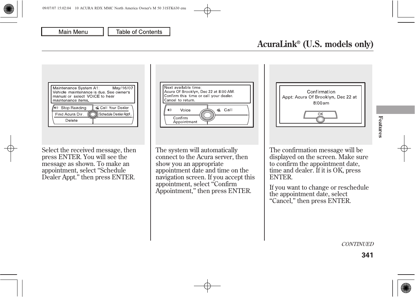 Acuralink, U.s. models only), 2010 rdx | Acura 2010 RDX User Manual | Page 345 / 514