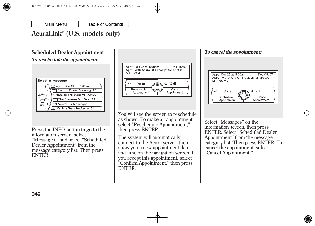 Acuralink, U.s. models only), 2010 rdx | Acura 2010 RDX User Manual | Page 346 / 514