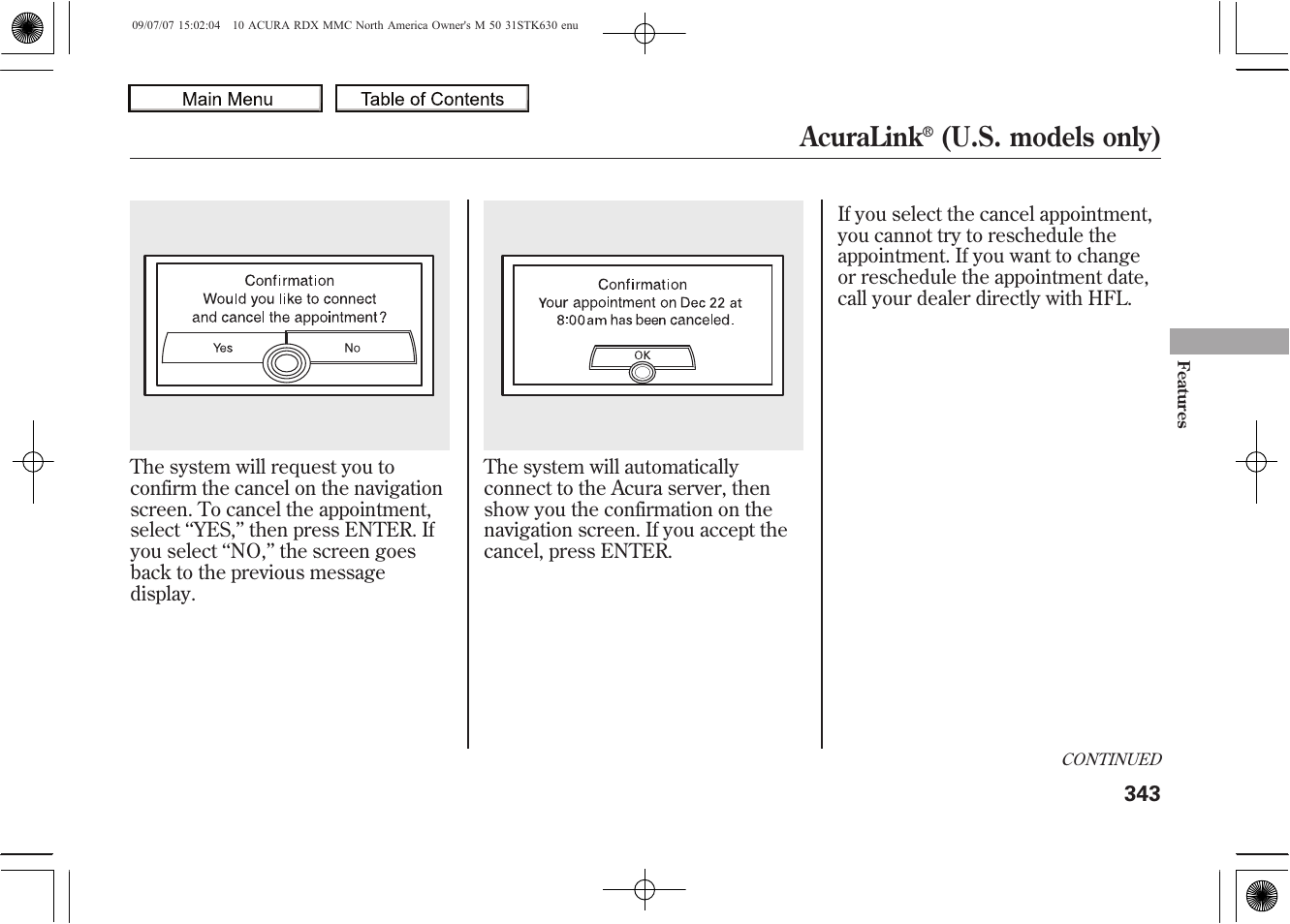 Acuralink, U.s. models only), 2010 rdx | Acura 2010 RDX User Manual | Page 347 / 514