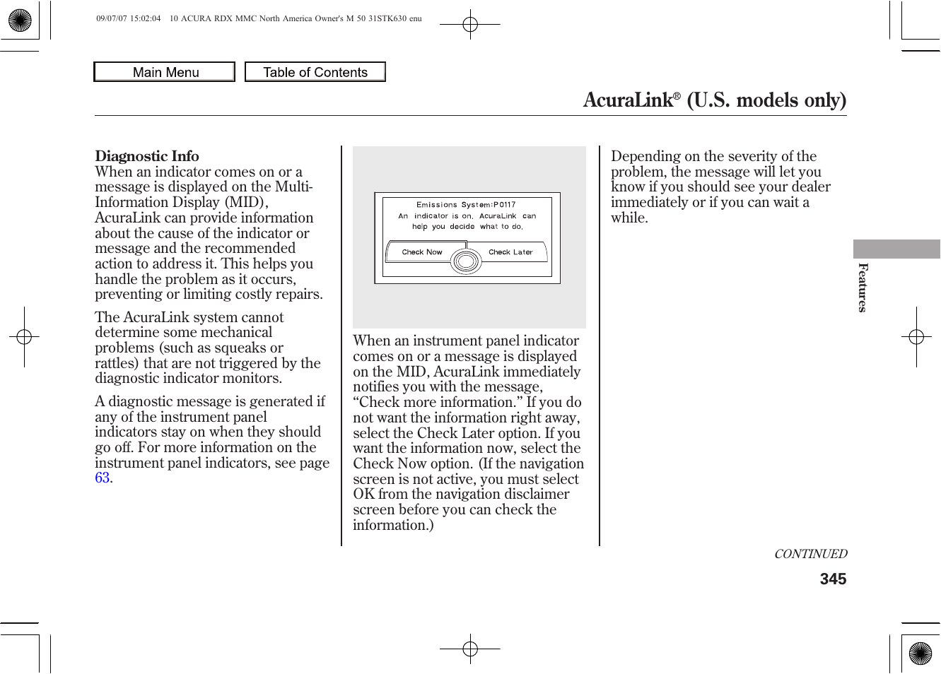 Acuralink, U.s. models only), 2010 rdx | Acura 2010 RDX User Manual | Page 349 / 514