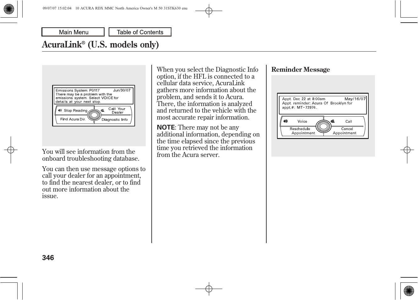 Acuralink, U.s. models only) | Acura 2010 RDX User Manual | Page 350 / 514