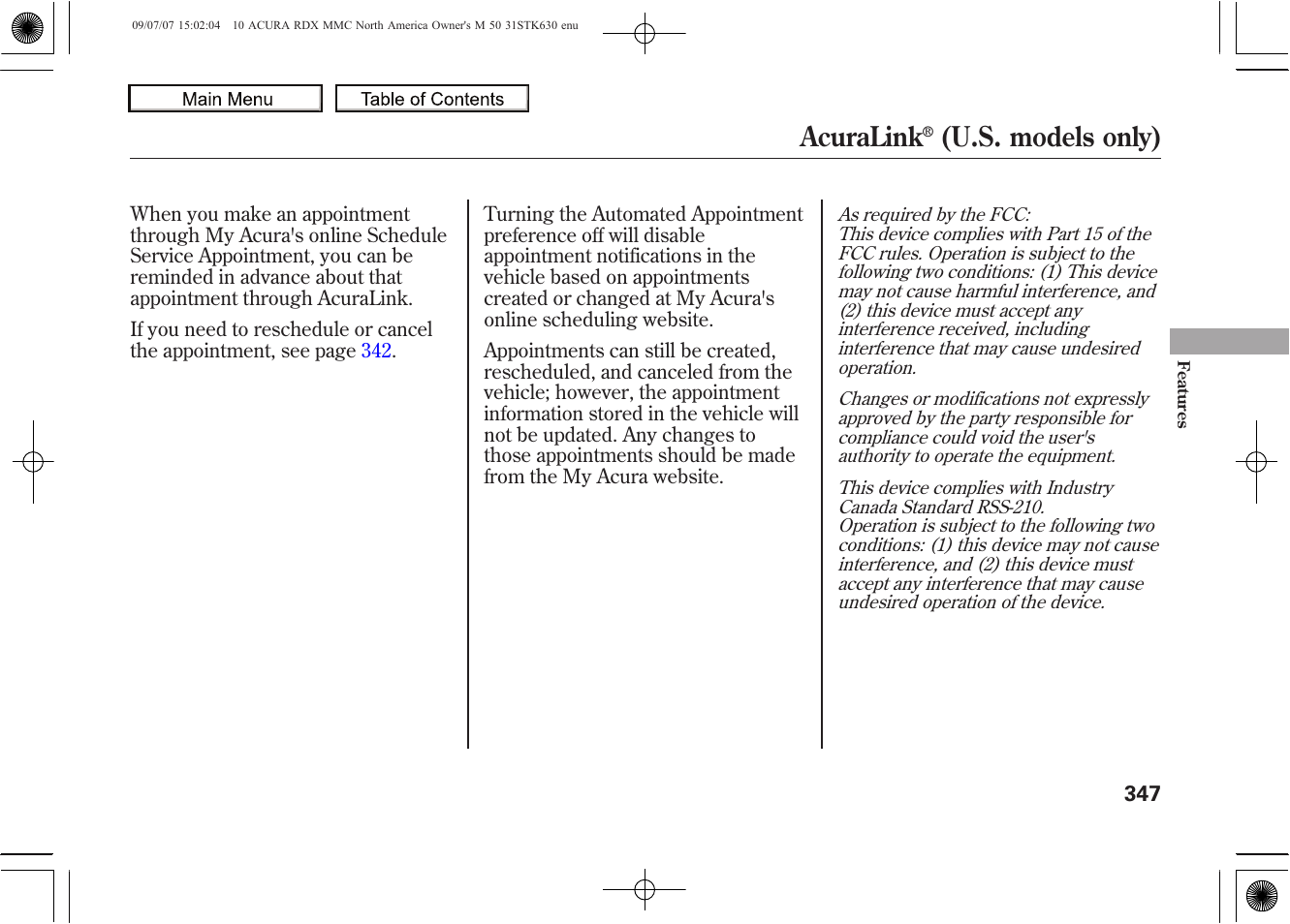 Acuralink, U.s. models only), 2010 rdx | Acura 2010 RDX User Manual | Page 351 / 514