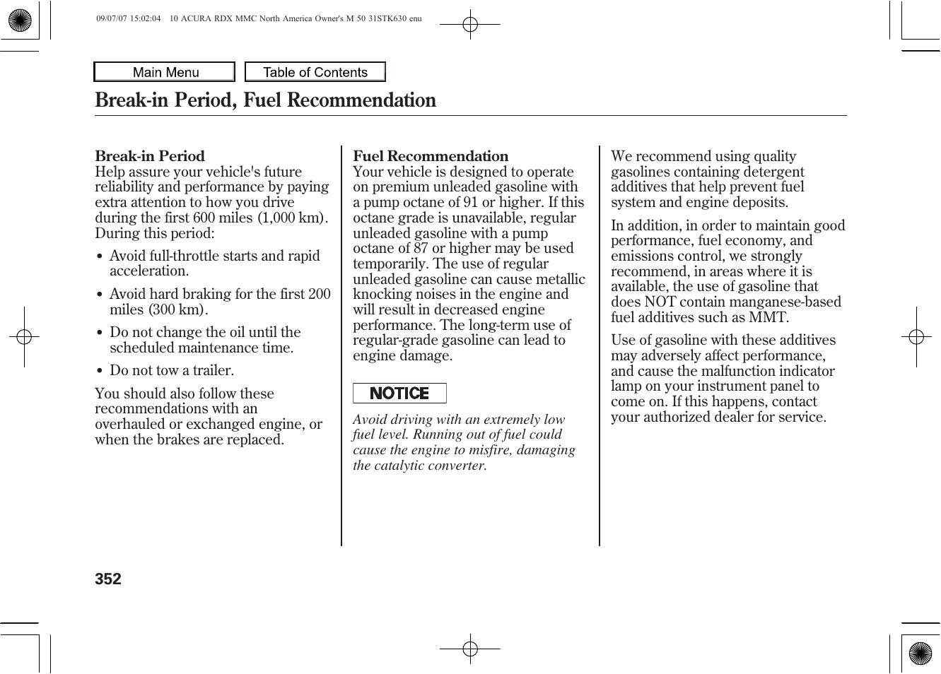 Break-in period, fuel recommendation, 2010 rdx | Acura 2010 RDX User Manual | Page 356 / 514