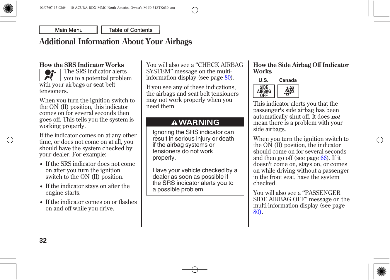 Additional information about your airbags, 2010 rdx | Acura 2010 RDX User Manual | Page 36 / 514