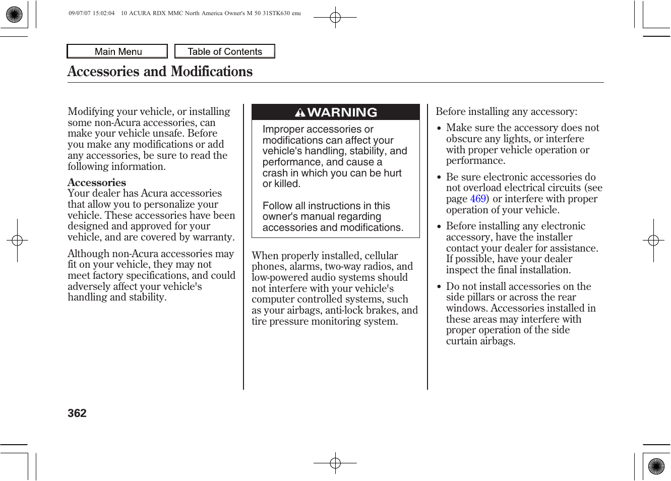 Accessories and modifications, 2010 rdx | Acura 2010 RDX User Manual | Page 366 / 514