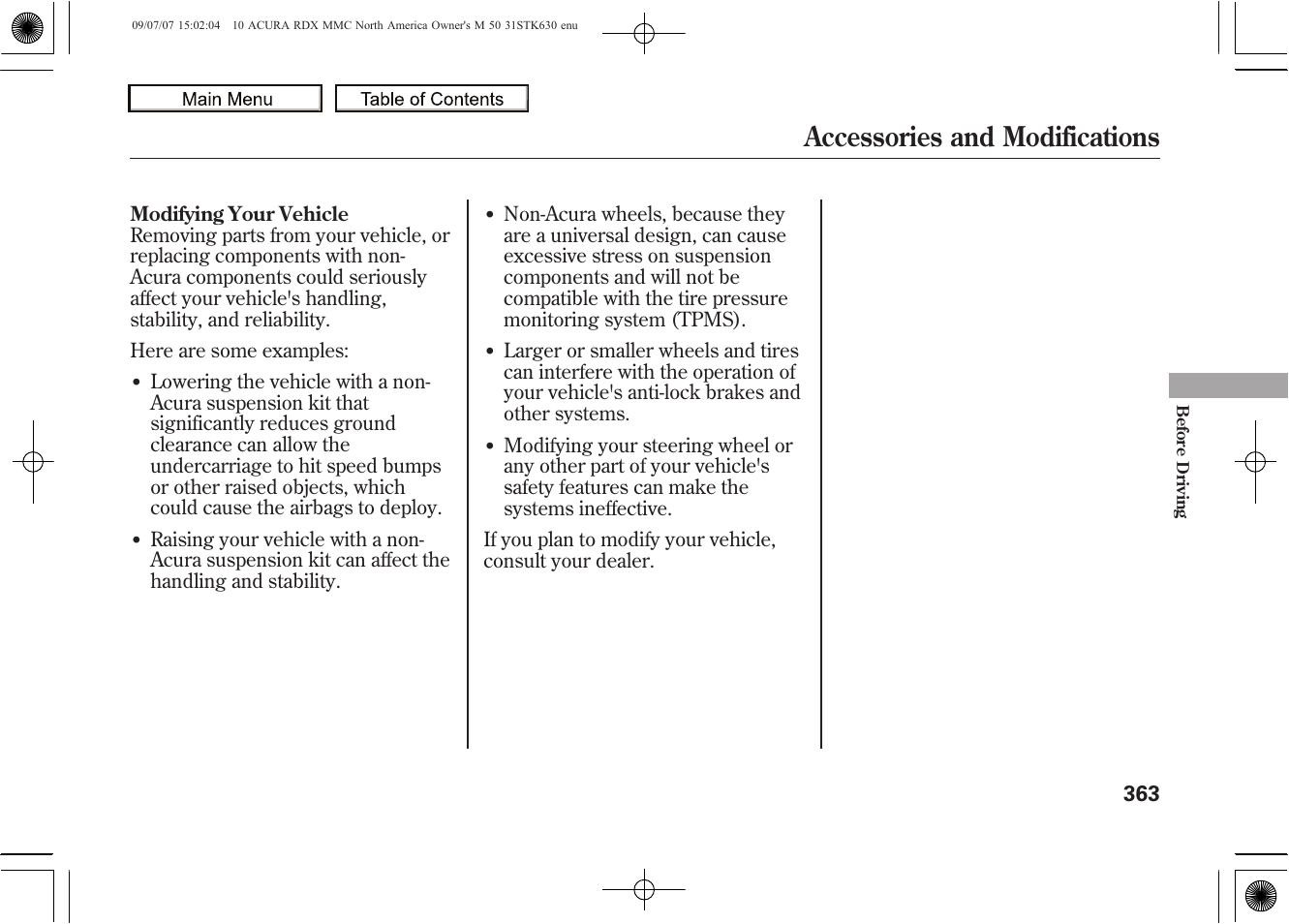 Accessories and modifications, 2010 rdx | Acura 2010 RDX User Manual | Page 367 / 514