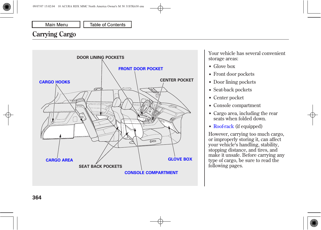 Carrying cargo, 2010 rdx | Acura 2010 RDX User Manual | Page 368 / 514