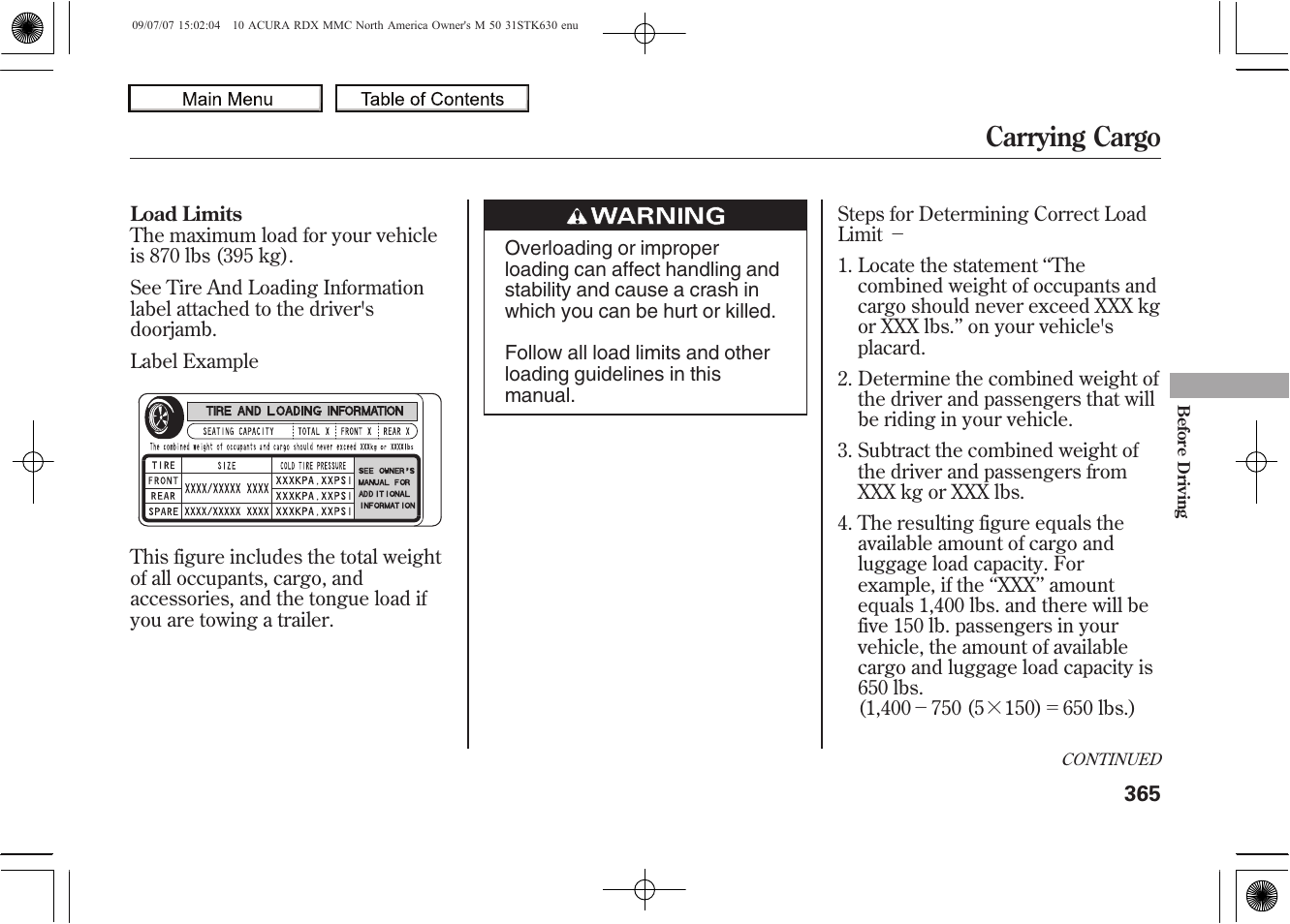 Carrying cargo, 2010 rdx | Acura 2010 RDX User Manual | Page 369 / 514