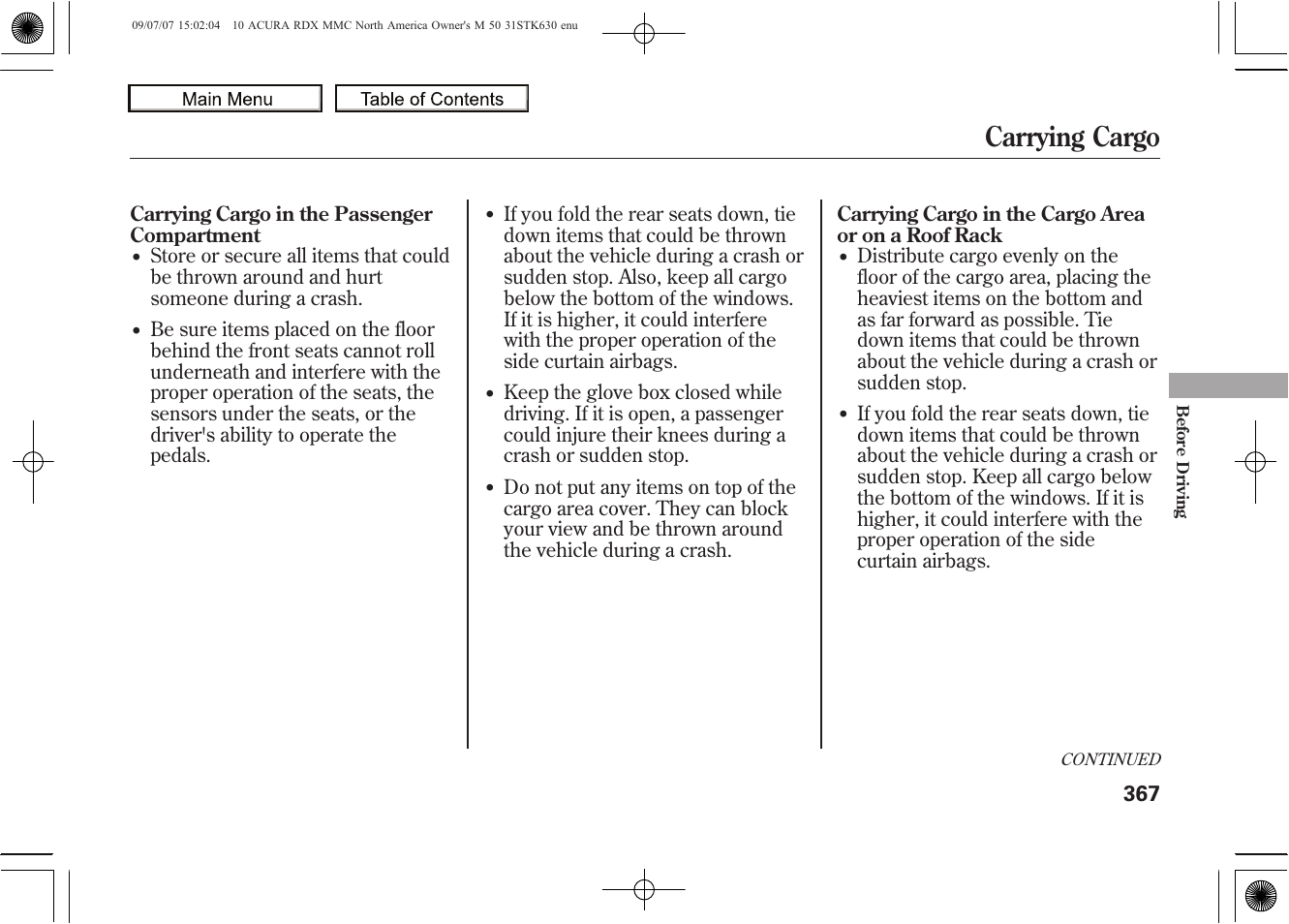 Roof-rack, Cargo area, Carrying cargo | 2010 rdx | Acura 2010 RDX User Manual | Page 371 / 514