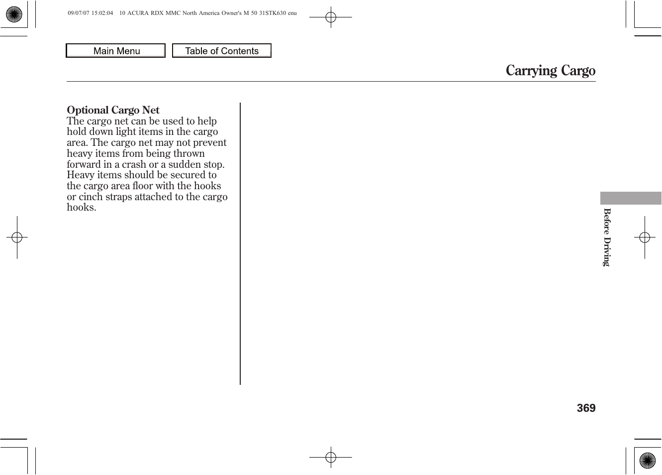 Carrying cargo, 2010 rdx | Acura 2010 RDX User Manual | Page 373 / 514