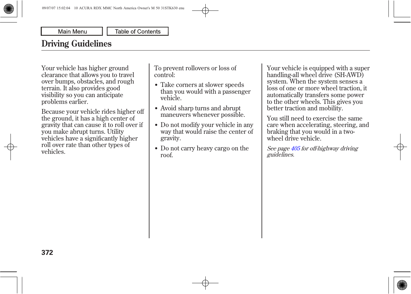 Driving guidelines, 2010 rdx | Acura 2010 RDX User Manual | Page 376 / 514