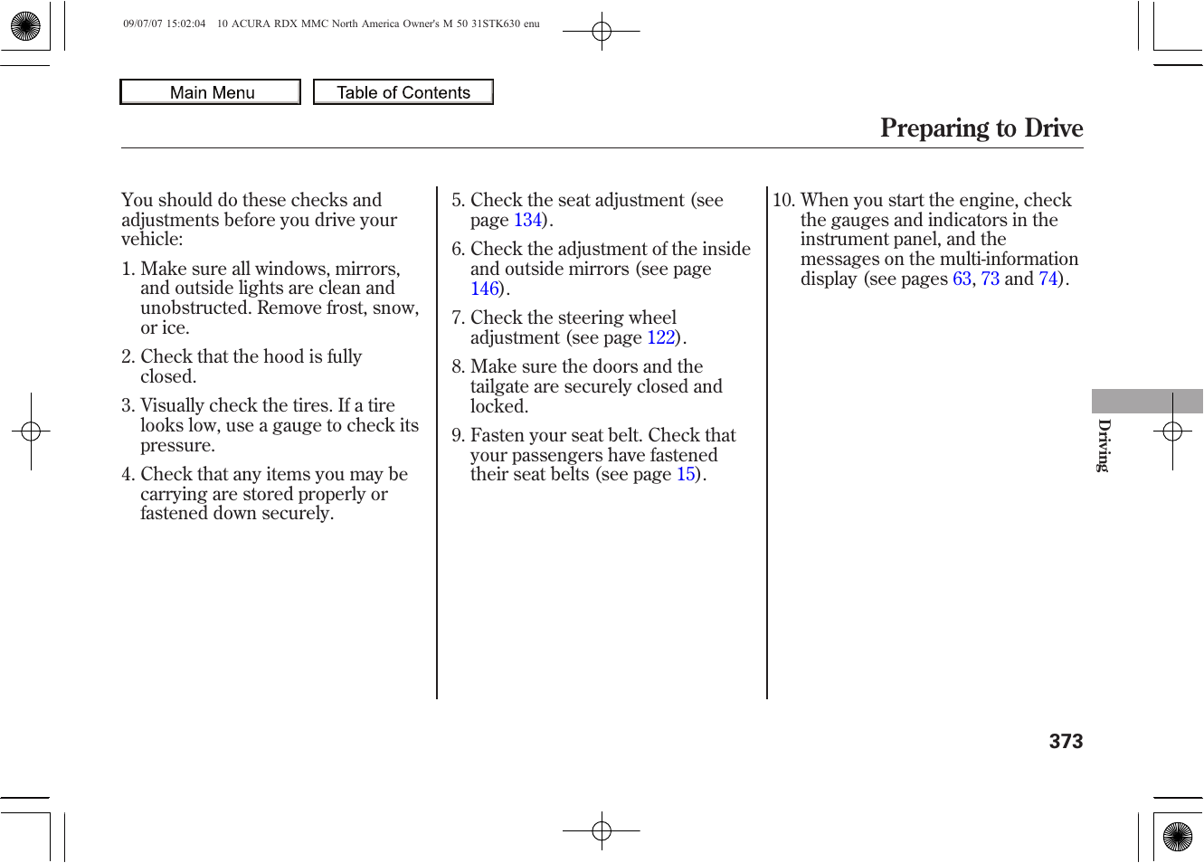 Preparing to drive, 2010 rdx | Acura 2010 RDX User Manual | Page 377 / 514