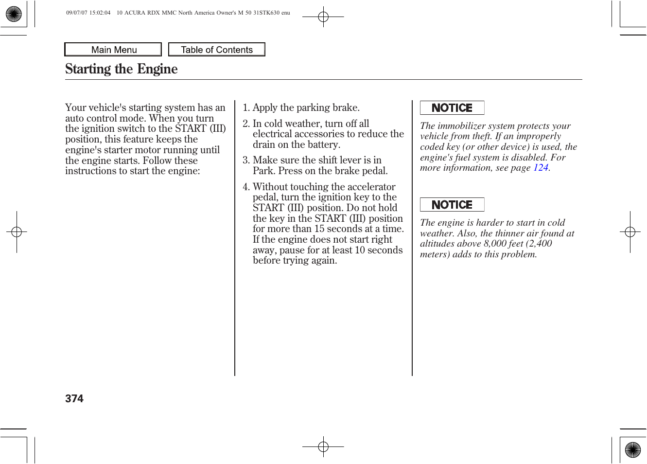 Starting the engine, 2010 rdx | Acura 2010 RDX User Manual | Page 378 / 514