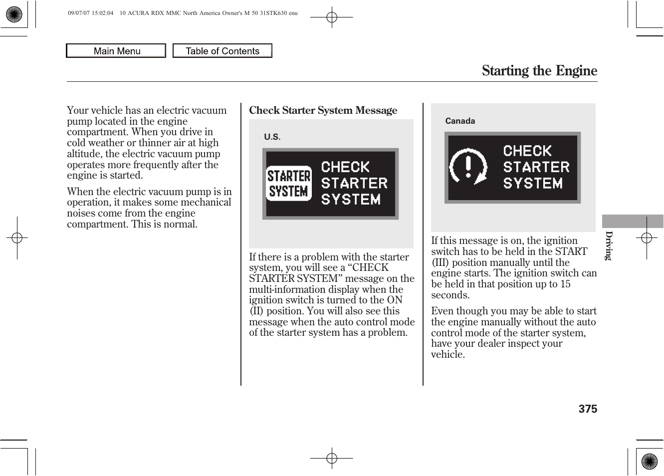 Starting the engine, 2010 rdx | Acura 2010 RDX User Manual | Page 379 / 514