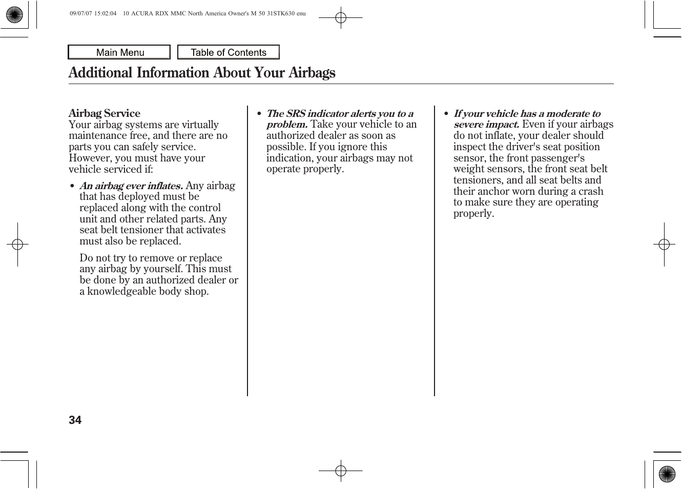 Additional information about your airbags, 2010 rdx | Acura 2010 RDX User Manual | Page 38 / 514