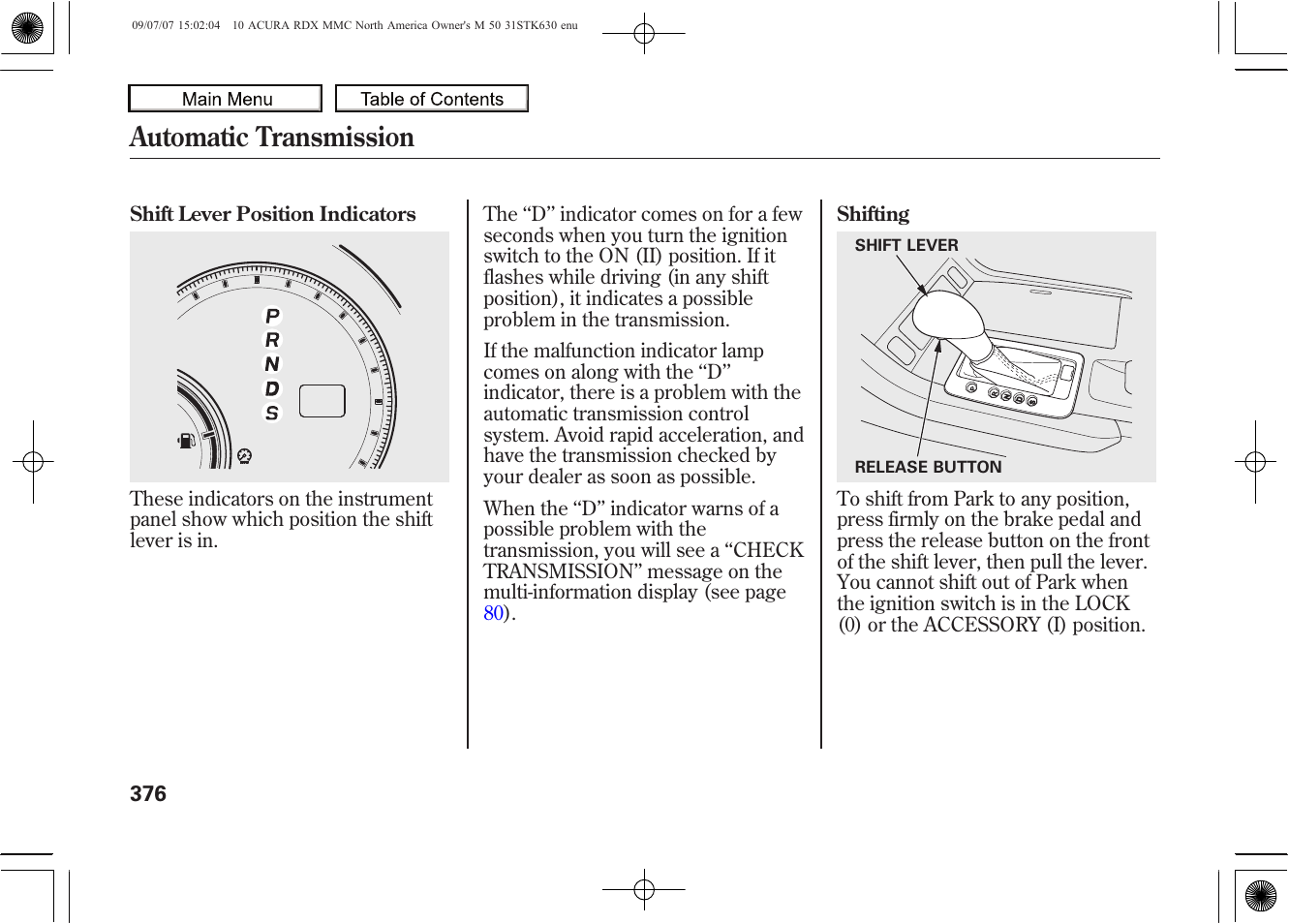 Automatic transmission, 2010 rdx | Acura 2010 RDX User Manual | Page 380 / 514
