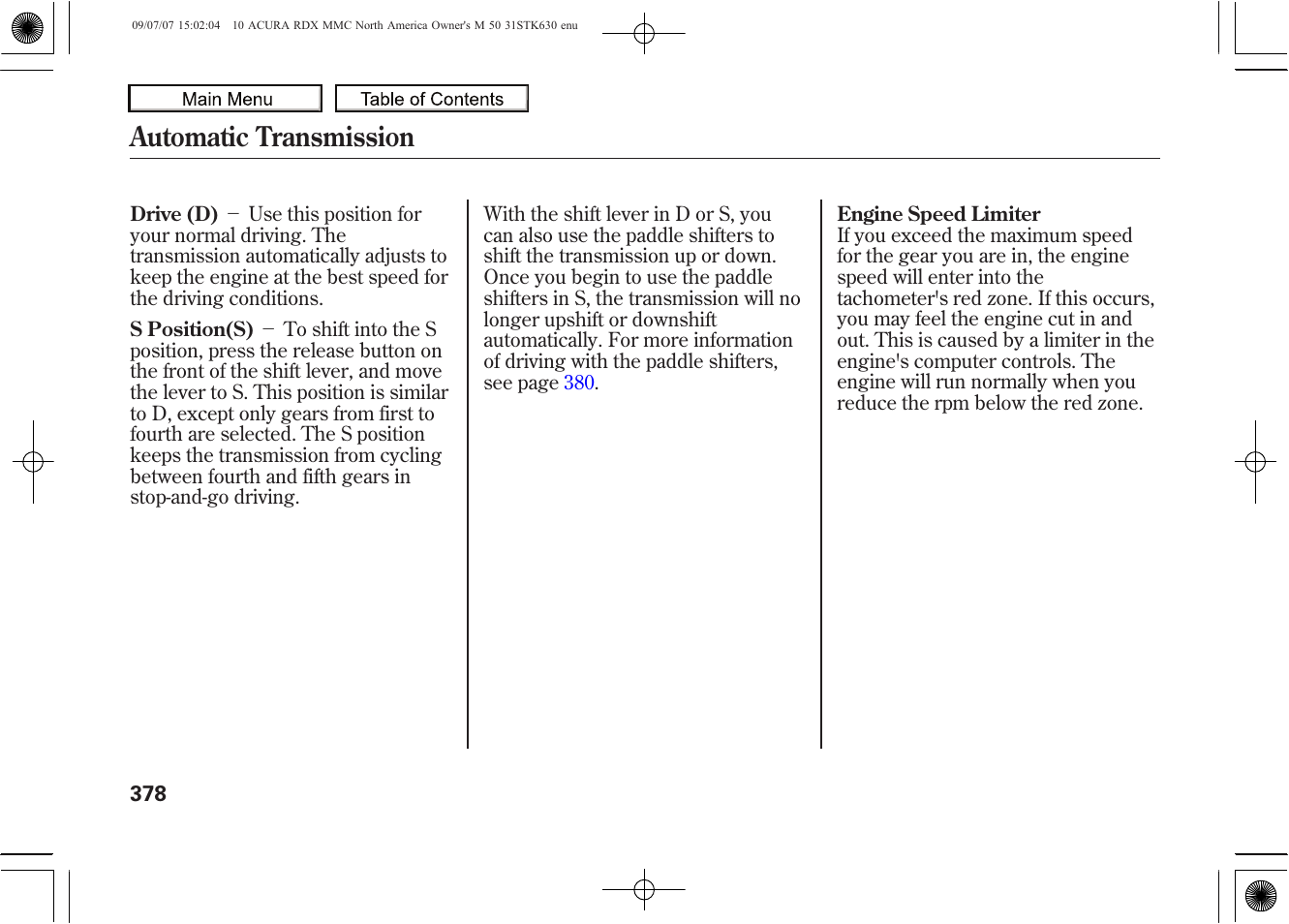 Automatic transmission, 2010 rdx | Acura 2010 RDX User Manual | Page 382 / 514