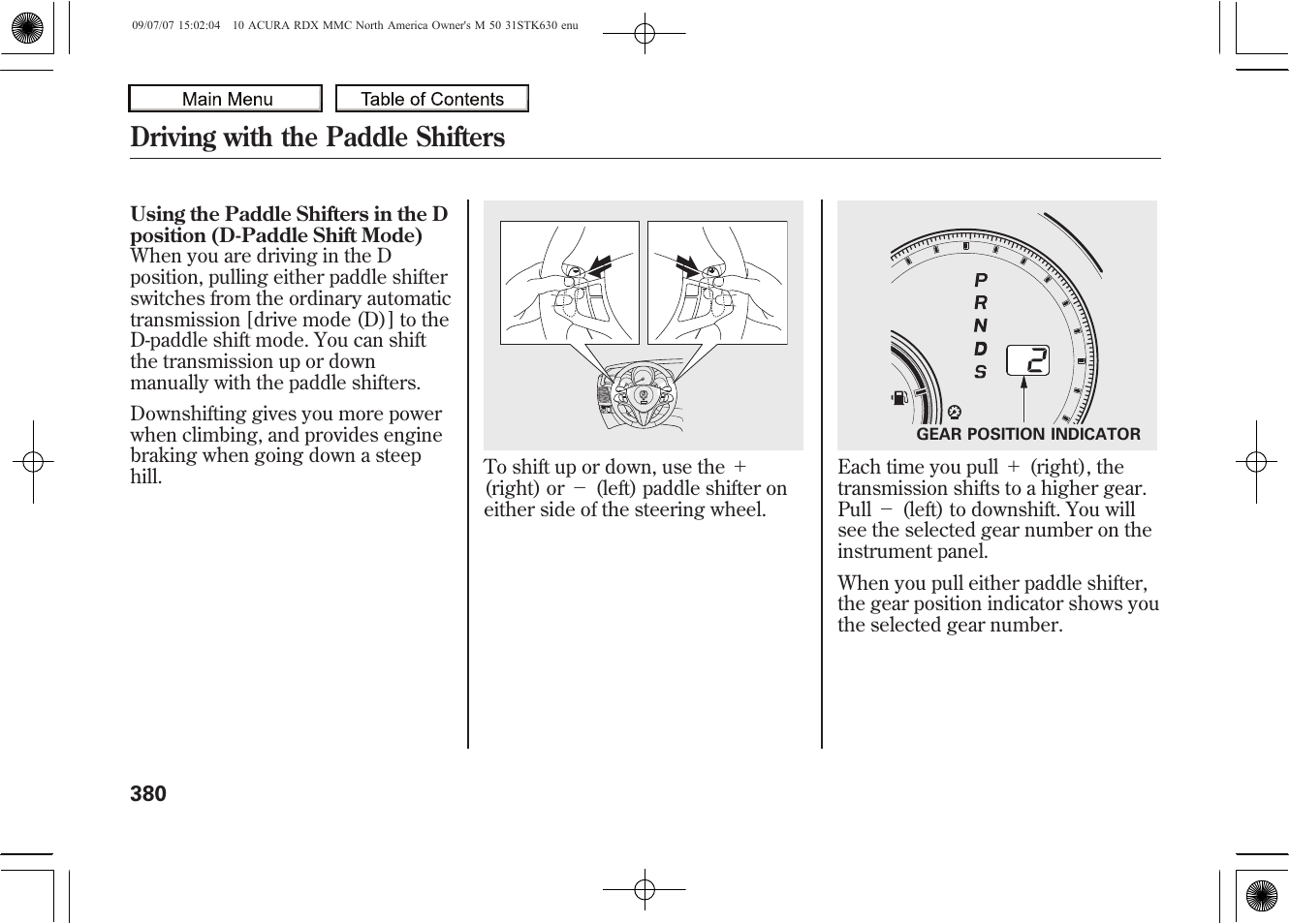 Driving with the paddle shifters, 2010 rdx | Acura 2010 RDX User Manual | Page 384 / 514